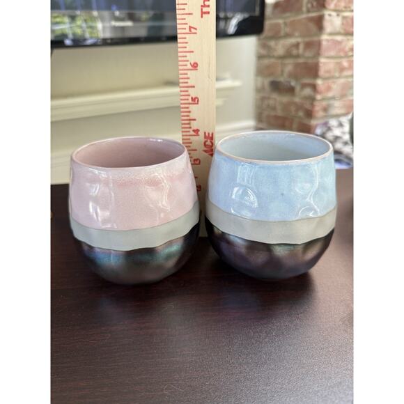 Set Of Two Roscher Large Stoneware Mugs Pink Blue & Iridescent Color Natura - Picture 8 of 8